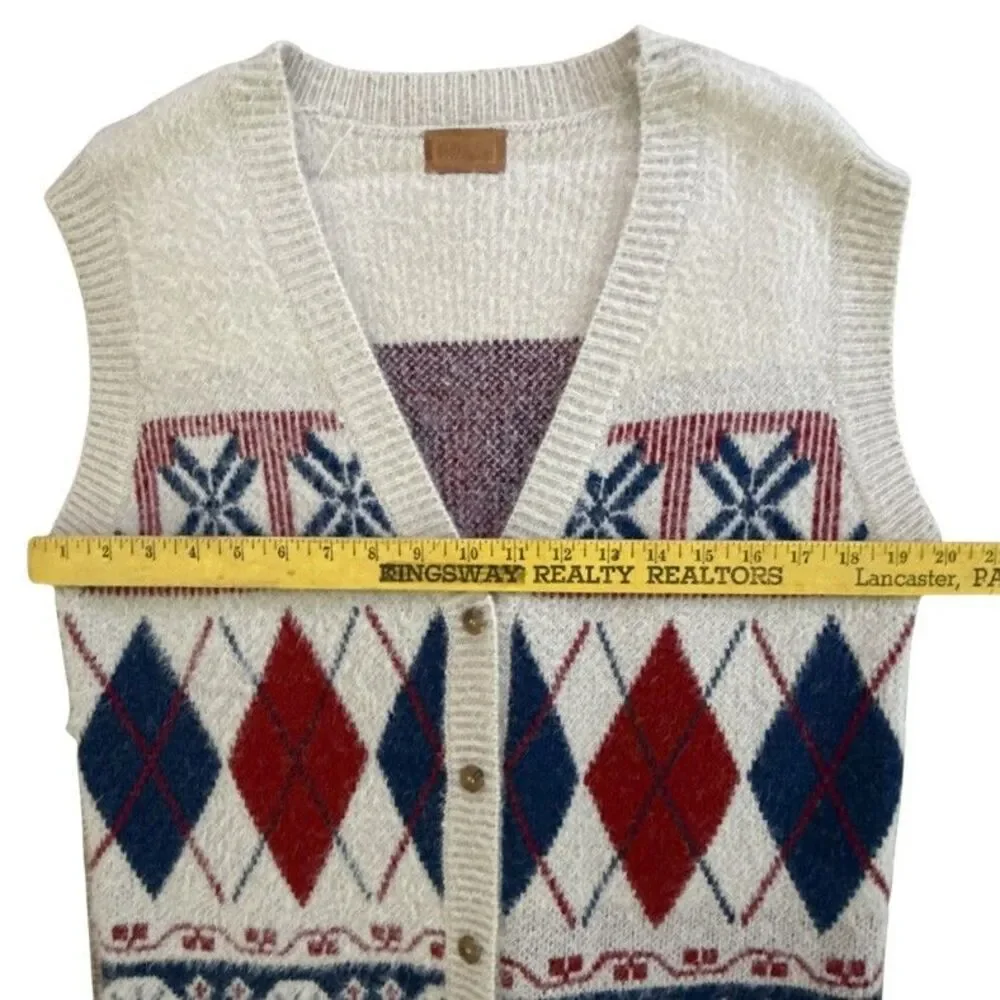 POL Argyle Sweater Vest Womens Sz S Ivory Red Navy Button Up Preppy Ivy League